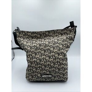 Kenneth Cole Reaction Logo Print Canvas Hobo Shoulder Bag Black Tan